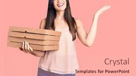 Presentation with pizza delivery - Beautiful theme featuring young-beautiful-caucasian-woman-holding backdrop and a lemonade colored foreground