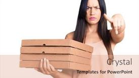  Presentation with pizza delivery - Beautiful slide set featuring young-beautiful-caucasian-woman-holding backdrop and a coral colored foreground