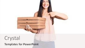  Presentation with pizza delivery - Slide set enhanced with young-beautiful-caucasian-woman-holding background and a sky blue colored foreground