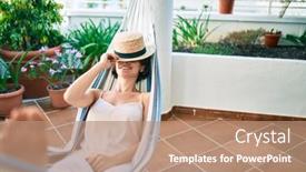  Presentation with home - Cool new PPT layouts with young-beautiful-caucasian-woman-smiling backdrop and a coral colored foreground