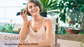  Presentation with listening woman - PPT layouts with young-beautiful-caucasian-woman-smiling background and a coral colored foreground