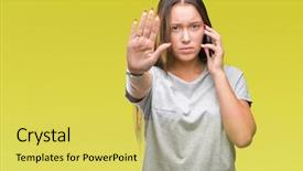  Presentation with beautiful young woman getting face - Beautiful PPT layouts featuring young beautiful caucasian woman talking backdrop and a  colored foreground