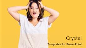  Presentation with woman hands open - Audience pleasing slide set consisting of young-beautiful-caucasian-woman-wearing backdrop and a yellow colored foreground