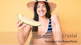  Presentation with melon - Presentation theme enhanced with young-beautiful-caucasian-woman-wearing background and a coral colored foreground
