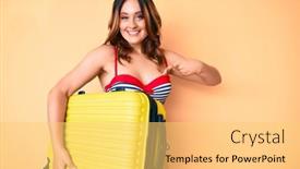  Presentation with suitcase - Colorful presentation design enhanced with young-beautiful-caucasian-woman-wearing backdrop and a yellow colored foreground