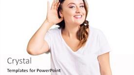  Presentation with listening woman - Presentation theme with young-beautiful-caucasian-woman-wearing background and a white colored foreground