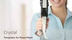  Presentation with labels - Theme having young beautiful caucasian woman worker setting price labels background and a lemonade colored foreground