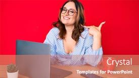  Presentation with self - PPT theme having young-beautiful-caucasian-woman-working background and a coral colored foreground