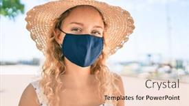  Presentation with coronavirus - Presentation theme with young-beautiful-caucasian-woman background and a coral colored foreground