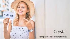  Presentation with august - Beautiful PPT theme featuring young-beautiful-caucasian-woman backdrop and a lemonade colored foreground