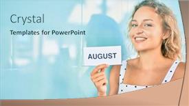  Presentation with august - PPT theme featuring young-beautiful-caucasian-woman background and a sky blue colored foreground