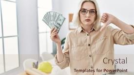  Presentation with money construction - Presentation theme featuring young-beautiful-caucasian-woman background and a soft green colored foreground