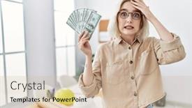  Presentation with money construction - PPT theme with young-beautiful-caucasian-woman background and a soft green colored foreground