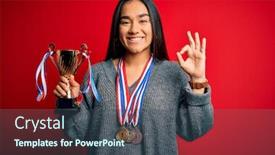  Presentation with champion - Cool new PPT theme with young-beautiful-champion-asian-woman backdrop and a ocean colored foreground