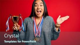  Presentation with champion - Slides enhanced with young-beautiful-champion-asian-woman background and a ocean colored foreground