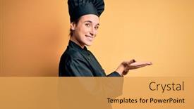  Presentation with woman hands open - Presentation design with young-beautiful-chef-woman-wearing background and a yellow colored foreground