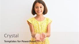  Presentation with child protection - Presentation design consisting of young beautiful child girl wearing yellow floral dress standing over isolated white background smiling with hands palms together receiving or giving gesture hold and protection background and a lemonade colored foreground