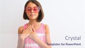  Presentation with young child brain development - Slide deck with young beautiful child girl wearing pink t-shirt and sunglasses over isolated white background smiling with hands on chest with closed eyes and grateful gesture on face health concept background and a sky blue colored foreground