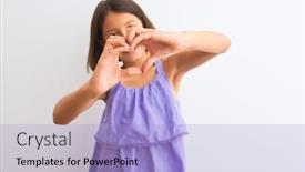  Presentation with purple heart - PPT theme with young beautiful child girl wearing purple casual dress standing over isolated white background smiling in love showing heart symbol and shape with hands romantic concept background and a light blue colored foreground