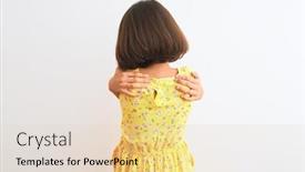  Presentation with child care - Colorful presentation design enhanced with young beautiful child girl wearing yellow floral dress standing over isolated white background hugging oneself happy and positive from backwards self love and self care backdrop and a lemonade colored foreground