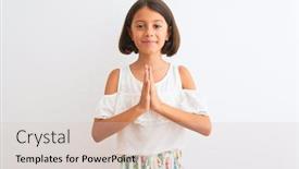  Presentation with praying hands - Audience pleasing slide set consisting of young beautiful child girl wearing casual dress standing over isolated white background praying with hands together asking for forgiveness smiling confident backdrop and a lemonade colored foreground