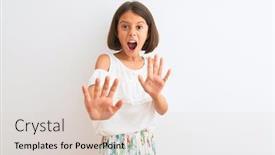  Presentation with panic - Beautiful PPT layouts featuring young beautiful child girl wearing casual dress standing over isolated white background afraid and terrified with fear expression stop gesture with hands shouting in shock panic concept backdrop and a lemonade colored foreground
