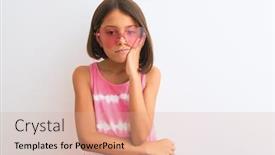  Presentation with depression child - PPT theme featuring young beautiful child girl wearing pink t-shirt and sunglasses over isolated white background thinking looking tired and bored with depression problems with crossed arms background and a coral colored foreground