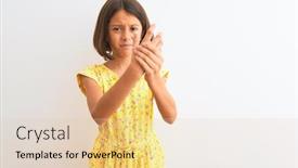  Presentation with arthritis - Beautiful slide deck featuring young beautiful child girl wearing yellow floral dress standing over isolated white background suffering pain on hands and fingers arthritis inflammation backdrop and a lemonade colored foreground