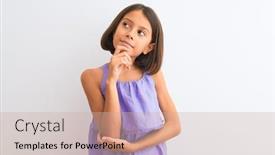  Presentation with thinking - Presentation with young beautiful child girl wearing purple casual dress standing over isolated white background with hand on chin thinking about question pensive expression smiling with thoughtful face doubt background and a soft green colored foreground