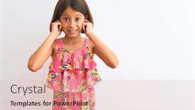  Presentation with noise - Cool new PPT theme with young beautiful child girl wearing pink floral dress standing over isolated white background covering ears with fingers with annoyed expression for the noise of loud music deaf concept backdrop and a lemonade colored foreground