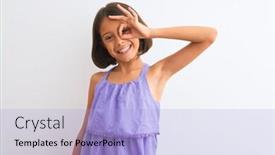  Presentation with child eye - Slide set enhanced with young beautiful child girl wearing purple casual dress standing over isolated white background doing ok gesture with hand smiling eye looking through fingers with happy face background and a light blue colored foreground