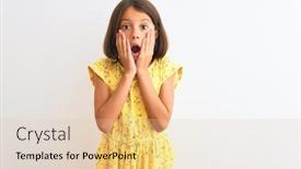  Presentation with floral - Beautiful presentation design featuring young beautiful child girl wearing yellow floral dress standing over isolated white background afraid and shocked surprise and amazed expression with hands on face backdrop and a lemonade colored foreground