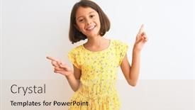  Presentation with advertisement - Audience pleasing presentation theme consisting of young beautiful child girl wearing yellow floral dress standing over isolated white background smiling confident pointing with fingers to different directions copy space for advertisement backdrop and a lemonade colored foreground