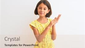  Presentation with joyful - Presentation design consisting of young beautiful child girl wearing yellow floral dress standing over isolated white background clapping and applauding happy and joyful smiling proud hands together background and a lemonade colored foreground