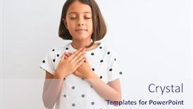  Presentation with child mental health - Slide set with young beautiful child girl wearing casual t-shirt standing over isolated white background smiling with hands on chest with closed eyes and grateful gesture on face health concept background and a sky blue colored foreground