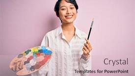  Presentation with artist - Colorful PPT theme enhanced with young-beautiful-chinese-artist-woman backdrop and a lemonade colored foreground