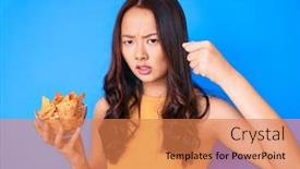  Presentation with nachos - PPT theme featuring young-beautiful-chinese-girl-holding background and a coral colored foreground