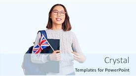  Presentation with happy young student girl holding - Slide set with young-beautiful-chinese-girl-wearing background and a sky blue colored foreground