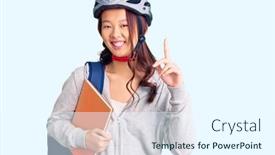  Presentation with happy young student girl holding - Beautiful PPT layouts featuring young-beautiful-chinese-girl-wearing backdrop and a sky blue colored foreground