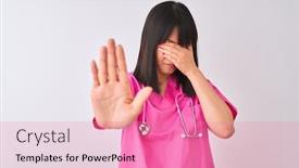  Presentation with woman sad - Audience pleasing PPT layouts consisting of young beautiful chinese nurse woman wearing stethoscope over isolated white background covering eyes with hands and doing stop gesture with sad and fear expression embarrassed and negative concept backdrop and a coral colored foreground