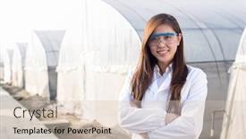  Presentation with agronomist - Presentation theme having young beautiful chinese woman agronomist working in green house background and a soft green colored foreground
