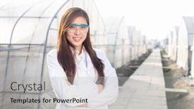  Presentation with agronomist - Presentation theme with young beautiful chinese woman agronomist working in green house background and a light gray colored foreground