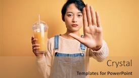  Presentation with healthy juice - Audience pleasing slide set consisting of young-beautiful-chinese-woman-drinking backdrop and a coral colored foreground