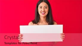  Presentation with red banner - PPT layouts enhanced with young beautiful chinese woman holding banner standing over isolated red background with a happy face standing and smiling with a confident smile showing teeth background and a coral colored foreground