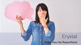  Presentation with shame - Colorful presentation theme enhanced with young beautiful chinese woman holding cloud speech bubble over isolated white background cover mouth with hand shocked with shame for mistake expression of fear scared in silence secret concept backdrop and a teal colored foreground