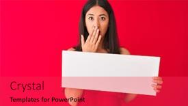  Presentation with red banner - Beautiful PPT theme featuring young beautiful chinese woman holding banner standing over isolated red background cover mouth with hand shocked with shame for mistake expression of fear scared in silence secret concept backdrop and a red colored foreground