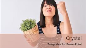  Presentation with hand holding plant - Presentation design enhanced with young beautiful chinese woman holding plant pot standing over isolated white background annoyed and frustrated shouting with anger crazy and yelling with raised hand anger concept background and a coral colored foreground