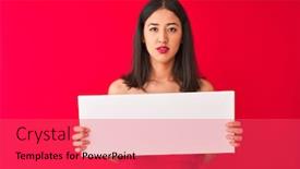  Presentation with red banner - Beautiful PPT theme featuring young beautiful chinese woman holding banner standing over isolated red background with a confident expression on smart face thinking serious backdrop and a red colored foreground