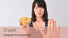  Presentation with macaroni - Presentation theme consisting of young beautiful chinese woman holding bowl with macaroni over isolated white background with open hand doing stop sign with serious and confident expression defense gesture background and a coral colored foreground
