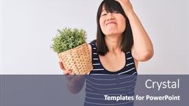 Presentation with hand holding plant - Colorful presentation theme enhanced with young beautiful chinese woman holding plant pot standing over isolated white background stressed with hand on head shocked with shame and surprise face angry and frustrated fear and upset backdrop and a ocean colored foreground
